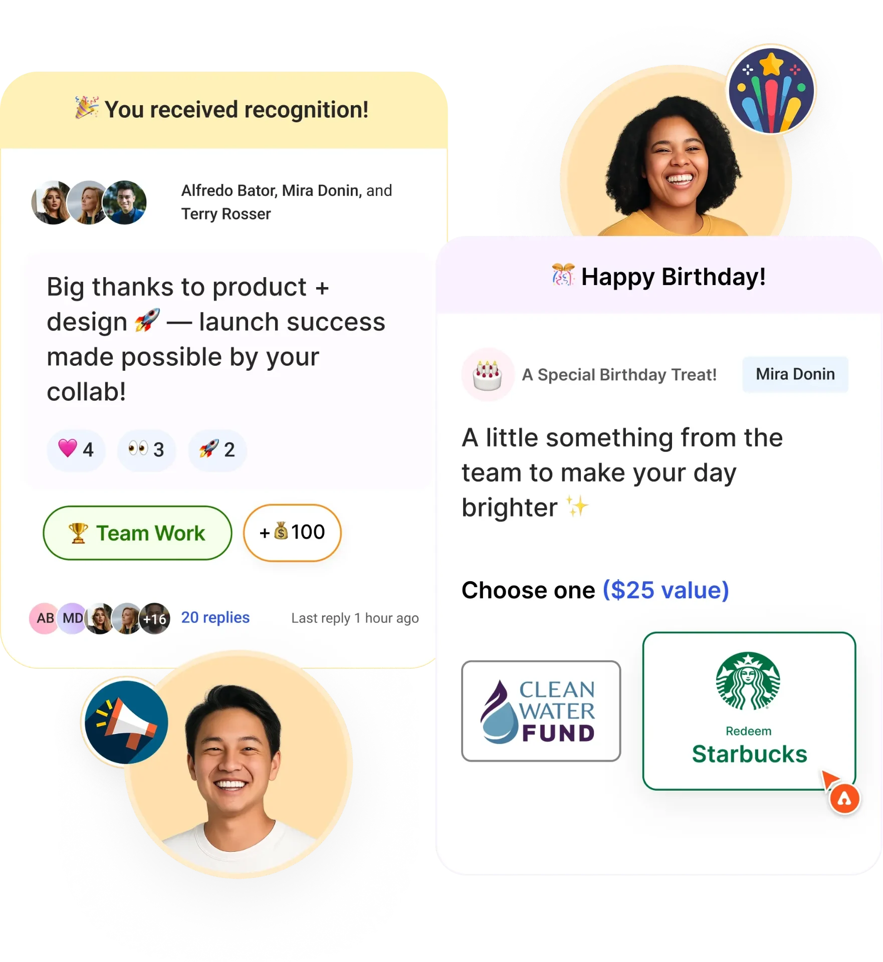 Assembly employee recognition platform interface showing team recognition notifications, peer-to-peer appreciation, birthday celebrations, points system, and reward redemptions including Starbucks gift cards and charity donations